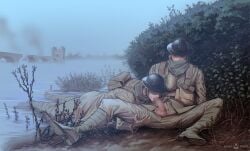 bandana blur_censor bushes fellatio fully_clothed gay hand_under_leg hiding_in_bushes lake lying_on_ground male male_only manspreading military military_uniform mskah oral pants_down sitting_on_ground stealth_sex world_war_1 wwi