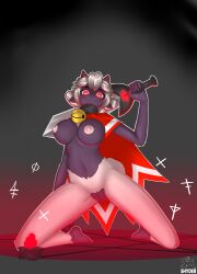 anthro aureola bell bell_collar big_breasts bovid breasts candle caprine collar cult_of_the_lamb female fur genitals hair hi_res horn kneeling lamb_(cult_of_the_lamb) looking_at_viewer mammal melee_weapon nipples pentagram pussy red_cape red_eyes runes sheep shyder small_horn solo sword sword_on_back weapon white_body white_fur white_hair