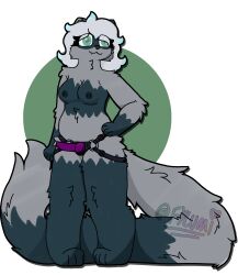 anthro areola big_tail breasts dildo domestic_ferret eyelashes fangs female femlumi_(fylumi) fur fylumi gloves_(marking) green_hair grey_body grey_fur grey_tail hair hi_res huge_tail leg_markings long_tail mammal markings multicolored_body multicolored_fur mustelid musteline nipples nude paws sex_toy signature slightly_chubby socks_(marking) solo strapon tail teeth true_musteline two_tone_body two_tone_fur weasel white_hair