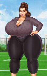 1girls after_transformation athletic_wear brunette cleavage earrings giant_ass hand_on_hip hands_on_hips huge_breasts large_breasts lipstick long_fingernails looking_away milf mtf_crossgender ponytail saturnxart soccer_field soccer_mom solo solo_female solo_focus story_at_source thick_lips thick_thighs voluptuous voluptuous_female wide_hips yoga_pants