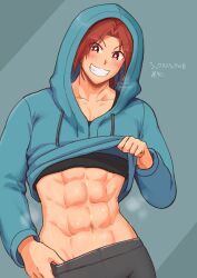 1girls abs absurdres blush clothes_lift collarbone female harurukan highres hood hood_up hoodie muscular muscular_female navel nose_blush original red_eyes red_hair short_hair simple_background smile solo sweat teeth translation_request