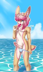 1boy 5_fingers anthro blue_clothing blue_eyes blue_speedo blue_swimwear clothing erection fingers food fur genitals hair hi_res humanoid_genitalia humanoid_penis lagomorph leporid light looking_at_viewer male male_only mammal penis popsicle popsicle_in_mouth popsicle_melting rabbit sea shyder shyder_cutetail solo speedo standing sunlight swimwear tan_body tan_fur water white_hair