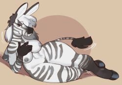 anthro big_ears breasts digital_media_(artwork) equid equine female hi_res hooves looking_at_viewer lying mammal nipples nude on_side original original_character shaded simple_background solo stripes thick_thighs unguligrade_anthro vanessa_(zebra) wamudraws wide_hips zebra