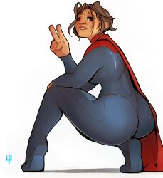 biting_lip brown_hair cape dc dc_comics leotard looking_back peace_sign plump_lips short_hair skin_tight squatting supergirl supergirl_(dceu) supergirl_(sasha_calle) superman_(series) tomphelippe wide_hips