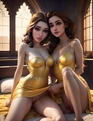 2girls ai_generated beauty_and_the_beast beauty_and_the_beast_(2017) bed bedroom belle borwn_hair brown_hair castle cleavage clothing_lift curvy_female day daytime disney disney_princess dress dress_lift emma_watson hi_res highres lifted_by_another lips lipstick long_hair medium_breasts multiple_females multiple_girls no_bra no_panties no_underwear on_bed presenting presenting_pussy presenting_vagina pussy sitting_on_bed skirt_lift sleeveless_dress slim_waist stable_diffusion take_your_pick vagina window yellow_dress