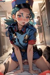 1girls ai_generated aigeneratedp blue_eyes blue_hair cowgirl_position cum_in_pussy female human leaking_cum male male/female officer officer_jenny_(pokemon) pokemon police police_uniform policewoman pussy_leaking riding riding_penis