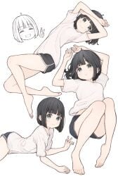 barefoot black_hair black_shorts blue_eyes blush feet issakawaguchi laying_down laying_on_back laying_on_ground legs looking_at_viewer lying_down lying_on_back oc original original_character shirt short_hair shorts smile smiling smiling_at_viewer solo solo_female toes white_shirt