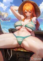 1girls ai_generated big_breasts bikini breasts clothed clothing female female_only human light_skin long_hair looking_at_viewer nami nami_(one_piece) one_piece orange_hair partially_clothed post-timeskip qblade sitting solo spread_legs