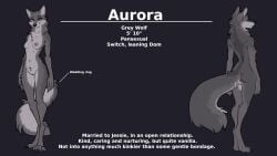 2023 anthro aurora_(ruaidri) breasts canid canine canis digit_ring digital_media_(artwork) english_text female fur genitals grey_body grey_fur hi_res jewelry looking_at_viewer mammal model_sheet nipples nude pussy ring ruaidri standing tail text wedding_ring wolf