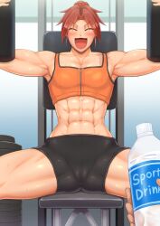 1girls abs absurdres bike_shorts blush breasts cameltoe exercise exercise_machine female gym_shorts gym_uniform harurukan highres muscular muscular_female navel original red_hair scar short_hair shorts smile sportswear sweat weights