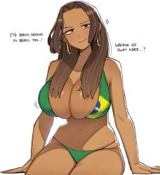 1girls big_breasts bikini boob_window brazil_(ohasi) brazilian brazilian_female brazilian_flag_bikini breasts breasts_bigger_than_head brown_hair cleavage curvy curvy_female curvy_figure dark-skinned_female dark_skin female female_only flag_bikini flag_print flag_print_bikini flag_print_swimsuit hoop_earrings latina long_hair navel ohasi sitting smile smiling solo solo_focus tan-skinned_female tan_skin thin_waist