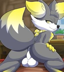 anthro anus ass ball bandana big_butt digital_media_(artwork) fan_character fur genitals grey_body grey_fur hi_res kerchief looking_at_viewer looking_back male nintendo pokemon pokemon_(species) presenting presenting_hindquarters sallandril simple_background smile solo tail