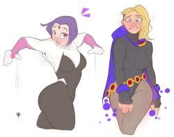2girls belt big_breasts blonde blonde_hair breasts cloak clothing_swap cosplay costume_switch crossover crossover_cosplay curvy dc dc_comics deep_blush embarrassed eyebrow_piercing female female_only gwen_stacy hourglass_figure leotard looking_at_viewer marvel multiple_girls pantyhose pawg purple_hair rachel_roth raven_(cosplay) raven_(dc) slim sony_pictures_animation spider-gwen spider-gwen_(cosplay) spider-man:_into_the_spider-verse spider-man_(series) superhero_costume superheroine teen_titans thick tomphelippe wide_hips