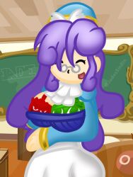 1girls 2022 accord_sensei big_breasts bra breasts classroom cleavage closed_eyes clothed clothing female female_only glasses green_puyo jadessinbin long_hair purple_hair puyo_(puyopuyo) puyo_puyo puyo_puyo_fever red_puyo solo solo_female suggestive teacher