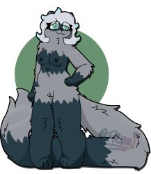 anthro areola big_tail breasts domestic_ferret eyelashes fangs female femlumi_(fylumi) fur fylumi genitals gloves_(marking) green_hair grey_body grey_fur grey_tail hair hi_res huge_tail leg_markings long_tail mammal markings multicolored_body multicolored_fur mustelid musteline nipples nude paws pussy signature slightly_chubby socks_(marking) solo tail teeth true_musteline two_tone_body two_tone_fur weasel white_hair