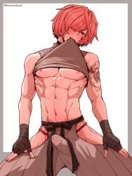 1boy ambush_(trap) arm_tattoo bandage_gloves bandaged_hands bandages black_bandages blush erection erection_under_clothes fate/grand_order fate_(series) femboy fully_clothed fully_clothed_male fundoshi fuuma_kotarou_(fate) gloves hair_over_one_eye half-closed_eye highres japanese_clothes kamenakake kamenakaoji looking_at_viewer male male_focus male_only muscular muscular_femboy muscular_male nipples parted_bangs red_eyes red_fundoshi red_hair shirt shirt_in_mouth shirt_lift shirt_lifted_by_self short_hair shoulder_tattoo simple_background smile solo solo_focus solo_male tattoo toned toned_male trap yaoi