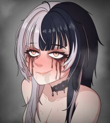 1girls black_hair blush breasts choker drooling female grey_hair hololive hololive_english hololive_english_-advent- light-skinned_female looking_up makeup_running multicolored_hair runny_makeup saliva shiori_novella solo split-color_hair unholyspicy upper_body virtual_youtuber white_hair yellow_eyes