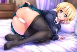 ass bed blonde_hair blue_eyes blue_necktie blue_skirt blue_sweater blush censored clothes_pull darjeeling feet female girls_und_panzer kamogawa_tanuki legs light_censor lying necktie no_panties on_bed on_side paid_reward_available pantyhose pantyhose_pull parted_lips school_uniform shirt skirt solo sweater white_shirt