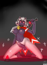 anthro aureola balls bell bell_collar big_breasts bovid breasts candle caprine collar cult_of_the_lamb erection fur genitals gynomorph hair hi_res horn intersex kneeling lamb_(cult_of_the_lamb) looking_at_viewer mammal melee_weapon nipples penis pentagram red_cape red_eyes runes sheep shyder small_horn solo sword sword_on_back thick_penis weapon white_body white_fur white_hair