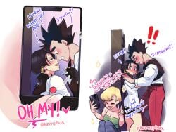 black_hair blonde_hair blue_eyes blush caught cellphone cellphone_picture couple dragon_ball embarrassed erasa nervous phone puffphox rozenphox short_hair son_gohan tagme taking_picture videl wholesome