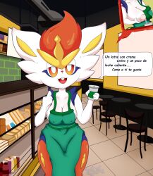 anthro bread breasts bunny_ears bunny_girl cinderace female female_cinderace female_only fur furry furry_only lagomorph milk orange_eyes pokémon_(species) pokemon pokemon_(species) spanish_text stairs table tagme white_fur