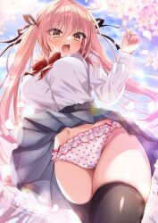 absurdres akatsuki_(aktk511) black_thighhighs bow bowtie breasts brown_eyes button_gap cameltoe cherry_blossoms cowboy_shot female frilled_panties frills from_below hair_between_eyes hands_up heart heart_print high-waist_skirt highres large_breasts long_hair looking_at_viewer miniskirt navel oerba_yun_fang open_mouth original outdoors panties pantyshot petals pink_hair plaid plaid_skirt pleated_skirt school_uniform shirt skin_fang skirt sky tented_shirt thick_eyelashes thighhighs twintails underwear very_long_hair white_shirt wind wind_lift zettai_ryouiki