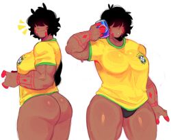 1girls ass back_view big_ass big_breasts big_butt black_panties black_underwear blaze_(hanaarts) blinding_bangs brazil breasts butt dark-skinned_female dark_skin female football_uniform front_view hair_over_eyes hanaarts looking_at_viewer muscular muscular_female original original_character panties pantless pepsi short_hair soda soda_can solo solo_female thick_thighs thighs underwear white_background