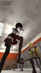 2girls 3d clothed clothing diffusion40k feet female female_focus female_only full_body fully_clothed no_shoes pale_skin panties png pussy red_eyes red_hair ruby_rose rwby sfm skirt skirt_up source_filmmaker stockings thick_thighs thighs yang_xiao_long yellow_eyes yellow_hair