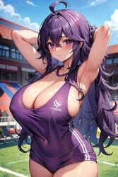 1girls ai_generated booty_shorts breasts cleavage female flyingpancake game_freak hex_maniac hips huge_breasts light-skinned_female light_skin long_hair mommy nintendo outdoors pokemon pokemon_xy purple_eyes purple_hair short_shorts shorts sportswear stable_diffusion thick_thighs thighs wide_hips