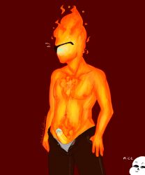 2016 :3 animated_skeleton blue_glans blush cockotron dark_background duo fire_elemental fvdsfs grillby looking_at_another looking_away male male_focus monster orange_body orange_penis pants_only penis penis_out red_background sans sans_(undertale) simple_background skeleton solid_color_background solo_focus sweat text topless topless_male tumblr_username undead undertale undertale_(series) unzipped unzipped_pants