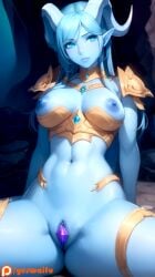 ai_generated armor blue_body blue_hair blue_nipples blue_skin breasts breasts_out draenei gem golden_armor golden_neckwear naked naked_female nipples original_character pussy spread_legs tagme uncensored world_of_warcraft yeswaifu