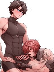 2boys ambush_(trap) arm_tattoo ball_fondling bandage_gloves bandaged_hands bandages bara bed black_bandages black_clothing black_hair blue_eyes blush censored_penis erect_penis erection fate/grand_order fate_(series) femboy fujimaru_ritsuka_(male) fuuma_kotarou_(fate) gloves hair_over_one_eye hand_on_thigh hand_tattoo kamenakake kamenakaoji looking_down looking_down_at_partner male male/male male_focus male_on_male male_only male_pubic_hair muscular muscular_femboy muscular_male nipples nipples_visible_through_clothing parted_bangs pecs pectorals penis pointless_censoring pubic_hair red_eyes red_hair shirt shirt_lift shirt_lift_via_mouth shirt_lifted_by_another short_hair shoulder_tattoo simple_background skin_tight smile tattoo testicle_grab testicles toned toned_male trap yaoi