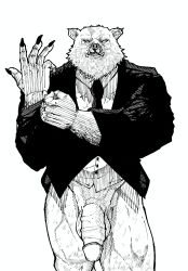 1boy absurd_res angry_expression anthro artist_request balls ballsack bear big_penis biped black_clothing black_nails black_necktie black_suit black_tie_(suit) body_fur bottomless bottomless_anthro bottomless_male clothed clothing colored_nails dress_shirt fingers foreskin foreskin_folds genital_scar genitals glans hi_res humanoid_genitalia humanoid_penis intact male male_only mammal monochrome muscles muscular_anthro muscular_legs muscular_male nails necktie partially_clothed penis retracted_foreskin scar scrotum semi-erect shirt solo standing suit testicles thatmizuu thick_thighs topwear uncut ursid veiny_penis white_fur