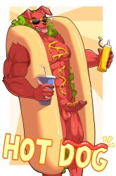 abs anthro balls biceps canid canine canis domestic_dog erection eyewear food fur furtissier genitals hi_res hot_dog hot_dog_bun hot_dog_costume humor ketchup lettuce male mammal muscular muscular_anthro muscular_male mustard nipples nude pecs penis plant red_body red_fur solo sunglasses vegetable