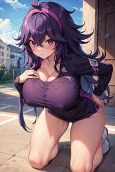 1girls ai_generated booty_shorts breasts cleavage female flyingpancake game_freak hex_maniac hips huge_breasts light-skinned_female light_skin long_hair mommy nintendo outdoors pokemon pokemon_xy purple_eyes purple_hair short_shorts shorts sportswear stable_diffusion thick_thighs thighs wide_hips