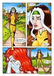 2girls brunette clothing comic comic_page female garden human human_only jean_grey leandro_comics marvel marvel_comics multiple_girls nature outdoors red_hair rogue_(x-men) tagme x-men