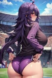 1girls ai_generated ass booty_shorts breasts bubble_butt cleavage female flyingpancake game_freak hex_maniac hips huge_breasts large_ass light-skinned_female light_skin long_hair mommy nintendo outdoors pokemon pokemon_xy purple_eyes purple_hair short_shorts shorts sportswear stable_diffusion thick_thighs thighs wide_hips