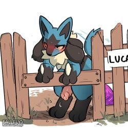 anthro black_body blue_body blue_fur blush brown_eyes dildo fallflys fence fluffy fluffy_tail fur generation_4_pokemon genitals hi_res lucario male nintendo penis pokemon pokemon_(species) sex_toy solo tail tail_motion