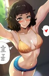 1girls atlus bikini bikini_top blush breasts brown_eyes brown_hair dialogue embarrassed english_text female female_only lainart light-skinned_female light_skin megami_tensei naughty_face nipples persona persona_5 sadayo_kawakami selfie short_hair short_shorts shorts small_breasts smile swimsuit swimwear text