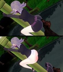 3d ass assisted_exposure blush bottomless bottomless_female canine danganronpa danganronpa_3 embarrassed embarrassed_nude_female enf exposed_ass facemask female kimura_seiko koikatsu nude red_ass straight_hair ultimateenf