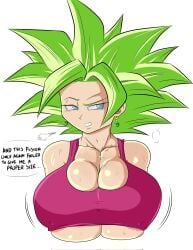 1girls alternate_breast_size areola_slip areolae big_breasts breast_expansion breast_squish breasts busty dialogue dragon_ball dragon_ball_super earrings green_hair huge_breasts kafla kefla large_breasts lewdyartz sweat thick