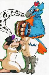 2boys anthro avian balls beak big_balls big_penis bird bodily_fluids breath_of_the_wild duo erection feathers foreskin gay genitals hi_res huge_cock humanoid_genitalia humanoid_penis hypnosis kass_(tloz) kass_(zelda) kneeling male male/male mind_control muscular muscular_male musical_note nintendo nipples nude penis rito rotten_owl sex simple_background the_legend_of_zelda thick_thighs traditional_media_(artwork) white_background