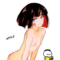 1girls bent_over black_hair blue_eyes blush breasts chloe_(srgrafo) looking_at_viewer nude presenting red_hair short_hair small_breasts smile smug solo srgrafo standing two_tone_hair white_background