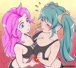 2girls big_breasts blue_eyes blue_hair blush breast_comparison breast_press breasts closed_eyes clothed clothing comparing comparing_breasts embarrassed embarrassed_female female_only league_of_legends medium_support_(meme) meme pink_hair rammionn seraphine_(league_of_legends) small_breasts sona_buvelle sports_bra sportswear surprised surprised_expression twintails video_game_character video_games