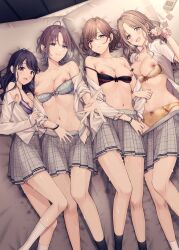 4girls :d absurdres ae_iueo asakura_toru bare_shoulders bed black_bra black_hair black_socks blue_bra blue_eyes blue_nails blue_panties blush bow bow_bra bow_panties bra bra_pull bra_slip bracelet breasts brown_eyes brown_hair buttons cleavage clenched_hand clothes_pull collarbone collared_shirt commentary_request condom condom_box condom_wrapper double_strap_slip dress_shirt earrings fangs feet_out_of_frame foreshortening frilled_bra frilled_panties frills from_above fukumaru_koito grey_hair grey_skirt hand_in_own_hair hand_on_own_chest hand_on_own_hip hand_up highres higuchi_madoka ichikawa_hinana idolmaster idolmaster_shiny_colors indoors jewelry lace lace-trimmed_bra lace_trim large_breasts legs light_brown_hair lineup locked_arms long_hair long_sleeves looking_at_viewer lying medium_breasts miniskirt mole mole_under_eye multiple_girls nail_polish navel nipple_slip nipples noctchill_(idolmaster) oerba_yun_fang off_shoulder okamoto_condoms on_back on_bed on_side open_clothes open_mouth open_shirt open_skirt outstretched_arm panties parted_bangs parted_lips pillow pink_scrunchie plaid plaid_bra plaid_skirt pleated_skirt purple_bra purple_eyes raised_eyebrow reaching reaching_towards_viewer red_bra red_eyes school_uniform scrunchie shirt short_hair skin_fangs skirt sleeves_past_wrists sleeves_pushed_up small_breasts smile socks stomach strap_slip striped striped_bra stud_earrings sweat take_your_pick thigh_gap unbuttoned underwear used_condom vertical_stripes white_shirt white_socks wrist_scrunchie yellow_bra yellow_panties