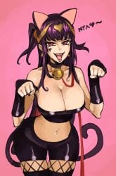 1girls catgirl catgirl_costume female female_only fire_emblem fire_emblem_awakening fishnets gesture goth large_breasts long_hair looking_at_viewer nintendo open_mouth pink_eyes purple_hair saiykik shorts smile solo tharja_(fire_emblem) thighhighs