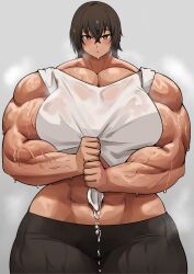 biceps dark_hair looking_at_viewer musctonk muscular muscular_arms muscular_female original short_hair sweat sweating sweaty sweaty_body tan tan_skin tomboy veiny_muscles wringing_clothes