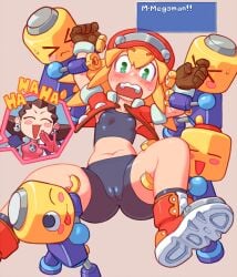 1girls bike_shorts blush darkbot green_eyes light-skinned_female light_skin mega_man mega_man_legends pussy_visible_through_clothes roll_caskett servbot spats spread_legs spreading text yellow_hair