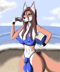 accessory anthro beach bikini blue_clothing blue_eyes bulge canid canine cire clothing eyewear eyewear_removed fox fur gynomorph hair_accessory hi_res intersex mammal nipples orange_body orange_fur sea seaside simple_background solo sport sunglasses sunglasses_removed swimwear volleyball water