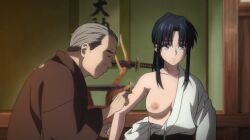 1girls alpha_male black_hair blue_eyes breasts breasts_out edit female hair_ribbon human kaoru_kamiya long_hair low_res male naked nipple nipples nude_filter pale-skinned_female pale_skin ponytail rurouni_kenshin screencap shounen_jump